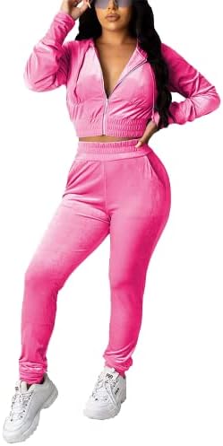 PINSV 2 Piece Outfits Velour Tracksuit For Women Zip Up Hoodie Velvet Jogging Sweatsuit Workout Sets Solid Rose Red M