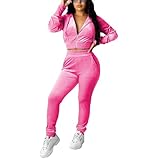 PINSV 2 Piece Outfits Velour Tracksuit For Women Zip Up Hoodie Velvet Jogging Sweatsuit Workout Sets Solid Rose Red S