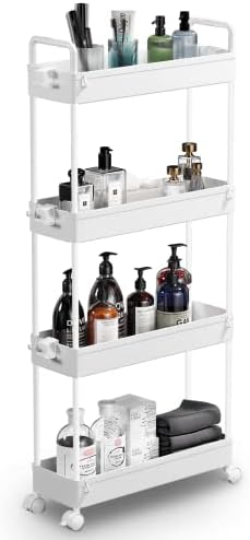 SOLEJAZZ Slim Storage Cart, 4 Tier Bathroom Organizer Mobile Shelving Unit, Rolling Utility Cart Slide Out Organizer for Kitchen, Bathroom, Laundry, Narrow Places, White