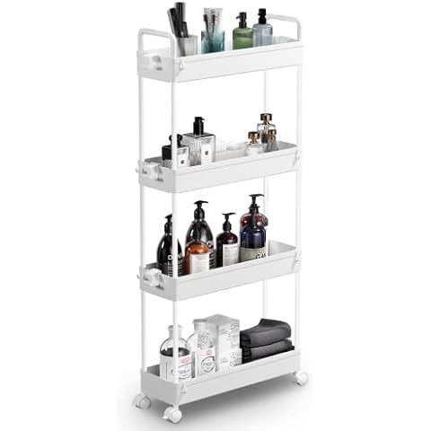 SOLEJAZZ Slim Storage Cart, 4 Tier Bathroom Organizer Mobile Shelving Unit, Rolling Utility Cart Slide Out Organizer for Kitchen, Bathroom, Laundry, Narrow Places, White Cover