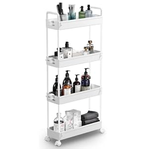 SOLEJAZZ Slim Storage Cart, 4 Tier Bathroom Organizer Mobile Shelving Unit, Rolling Utility Cart Slide Out Organizer for Kitchen, Bathroom, Laundry, Narrow Places, White