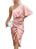 ANRABESS Women Satin One Shoulder Short Sleeve Ruched Bodycon Wrap Cocktail Party Midi Dress 2023 Graduation Prom Dresses Elegant Wedding Guest Evening Night 891anfen-S Pink