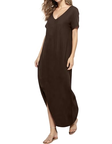 Image of Match Women's V-Neck Casual Loose Short Sleeve Long T-Shirt Dress Split Maxi Dress with Side Pocket