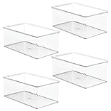 mDesign Long Plastic Stackable Storage Container Bin Box, Hinged Lid - Bathroom Cabinet Organizer for Toiletries, Makeup, First Aid, Hair Accessories, Bar Soap, Loofahs, Bath Salts - 4 Pack - Clear