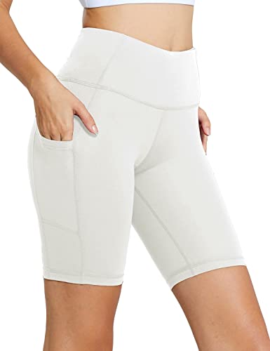 BALEAF Women s 8  High Waist Biker Workout Yoga Running Compression Exercise Shorts Side Pockets White S