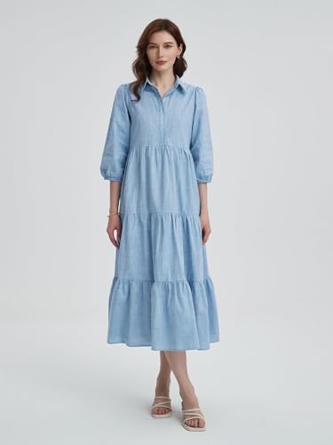 Image of Women Button Down Maxi Shirt Dress Long Sleeve Flowy Tiered Collared Dresses with Pockets