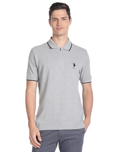 Image of U.S. POLO ASSN. Knitted Slim Fit Polo T Shirts for Men - 100% Cotton, Half Sleeves Mens Tshirt - 3XL, Grey Melange