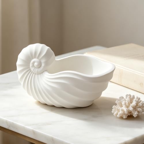 White Nautilus Shell Resin Catchall Bowl, Decorative Seashell Storage Tray for Entryway Keys, Jewelry, Soap, Fruit, Modern Coastal Home Decor, Elegant Resin Organizer for Bathroom, Vanity, Living Room