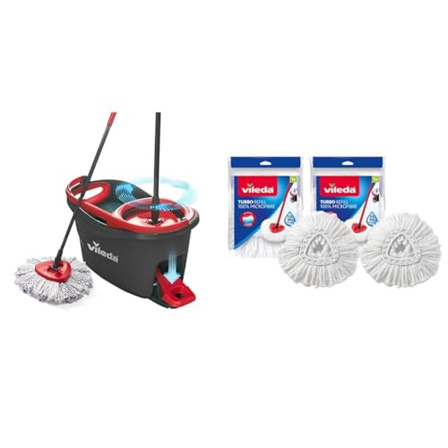 Vileda Turbo 3en1 Mopa de Suelo con escurridor Giratorio y Cubo con Pedal | Mango telescópico & 160504 EasyWring and Clean Turbo Classic, Cabezal de Recambio de fregona de Microfibra