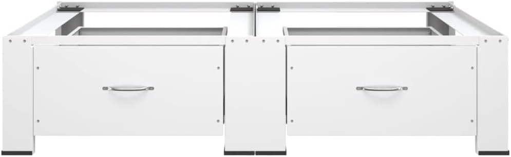 Double Washing Machine Pedestal with Drawers, Heavy Duty Steel Laundry Stand for Washer and Dryer, Universal Heightening Base with Storage, White