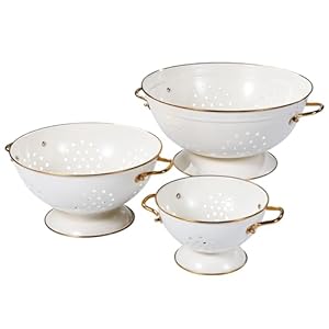 Metal Colander Set of 3, Strainer Basket with Handles perfect for Spaghetti, Pasta, Berry, Vegetable, Fruit, Solid Base Powder Coated Kitchen Essential Strainer Set, 1 & 3.5 & 5 Qt (Cream)