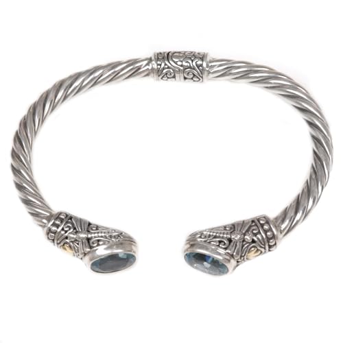NOVICA Artisan Handmade Gold Accented Blue Topaz Cuff Bracelet from Indonesia [18 in L 2 mm W Pendant(s) 1.3 in L x 0.9 in W x 0.2 in D] ' Dragonfly Den in Blue'3