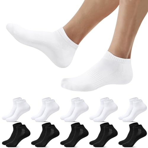 Falechay 10 pares meias desporto homem mulher curtas meias tornozelo respirável algodão unissexo, 5 x preto + 5 x branco