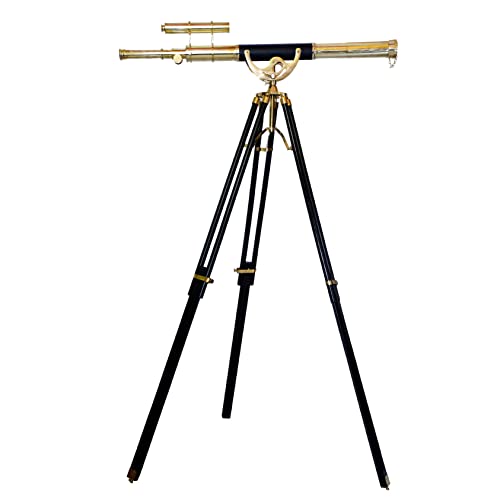 Navirock Vintage Double Barrel Shiny Brass Telescope Floor Standing Wooden Stand Home Collectible Telescope Stand Brown Adjustable Tripod