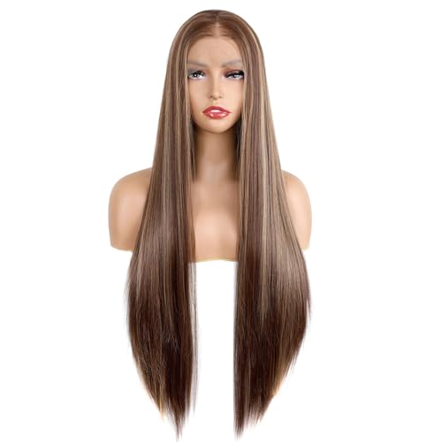 Perruque longue et droite pour femme cheveux en fibre souple résistants à la chaleur