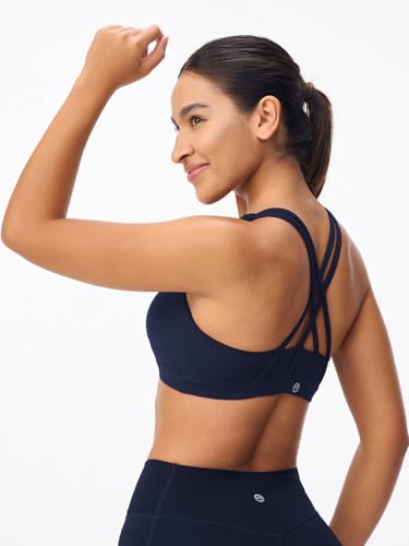 Image of Women's Strappy Sports Bras Light Compression Crop Criss Cross Back Padded Workout Yoga Bra Supportive U Neckline