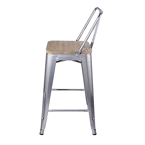 Gia 24-Inch Counter Height Middle Back Metal Stool Chair With Light Wood Seat, Silver, Set Of 3 #TOP6