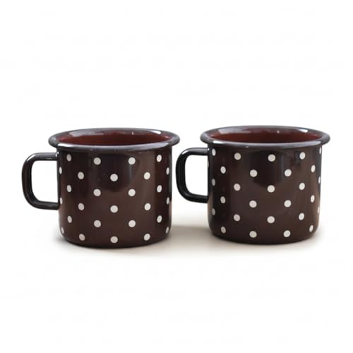 Imagen de 2 tazas de metal esmaltado marrón chocolate con lunares