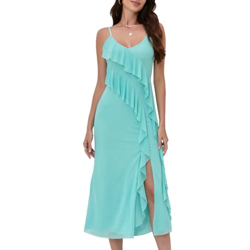 Image of Women's Spaghetti Strap Ruffle Side Split Long Dress Bodycon Beach Maxi Dresses