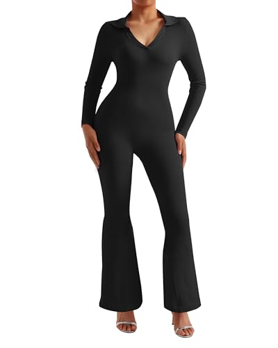 Mooslover Women V Neck Polo Collared Long Sleeve Jumpsuit Ribbed One Piece Bodycon Flare Jumpsuits cover