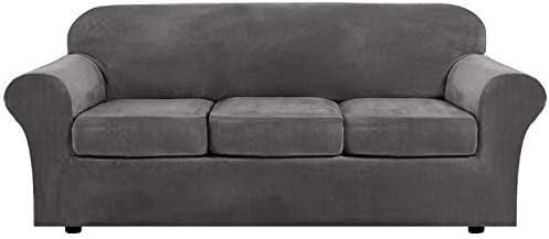 H.VERSAILTEX 4 Pieces Sofa Covers Couch Covers for 3 Cushion Couch Sofa High Stretch Sofa Slipcovers Furniture Protector Form Fit Luxury Thick Velvet Couch Cover for Dogs, Machine Washable(Sofa,Grey)
