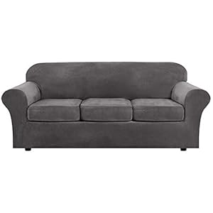 H.VERSAILTEX 4 Pieces Thick Velvet Sofa Covers Couch Covers for 3 Cushion Couch Sofa High Stretch Sofa Slipcovers Furniture Protector Form Fit Luxury Couch Cover for Dogs, Machine Washable(Sofa,Grey)
