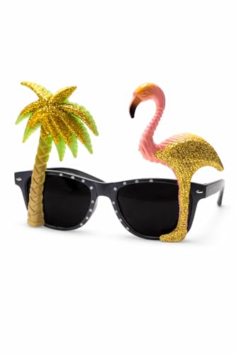 Tropical Sunglasses | Flamingo Palm Tree Sunglasses | Flamingo Glasses | Palm Tree Glasses | Hawaiian Party Eyewear | Tropical Party Shades | Glitter Eyewear Frames | One Size