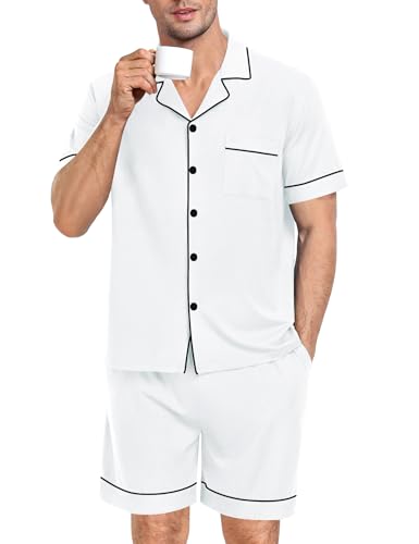 Image of SWOMOG Mens Pajama Set Short Sleeve 2 PCS Sleepwear Button Down Soft Loungewear Modal Set Pj Set with Pockets S-3XL