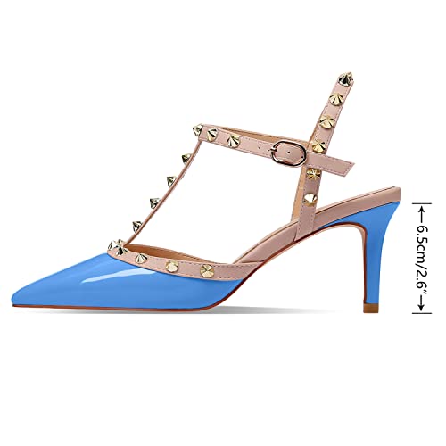 Image of XINIUNIU Studded Heels for Women Kitten Heels with Studs Stiletto Sandals with Rivet Ankle Strap Patent Leather Pointy Toe 2.5 Inch Party Daily Wear Evening Sandals