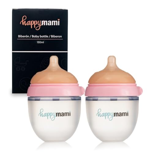 Happymami - HappyMami - Set de 2 Biberons en Forme de Sein, Biberons 150 ml, Idée Cadeau Noël Bébé Tétine en Silicone de Qualité Médicale, Double Système Anti-Colique, sans BPA