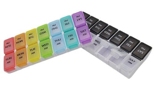 Image of 7 Day Weekly Pill AM PM Organizer, ShysTech Large Pill Case Pill Box for Pills /Vitamin /Supplements /Medication (Separable, Small Black /White) (Pack of 2)
