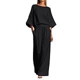 Conjunto de mujer genérico de 2 piezas elegante y elegante, ropa casual con mangas acampanadas, chándal bohemio alto y pantalón ancho Streetwear outfit set de moda ropa de ocio cómoda verano, Negro