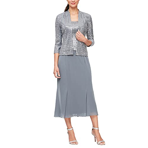 Image of Alex Evenings Women's Tea Length Mock Dress with Sequin Jacket (Petite and Regular Sizes)