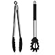Homikit Edelstahl Spaghettilöffel und Küchenzange, Antihaft-Silikon Spaghetti Server Set, Hitzebeständig Nudellöffel & Kochzange, Pasta Gabel Grillzange Set zum Backen, Kochen und Servieren, Schwarz