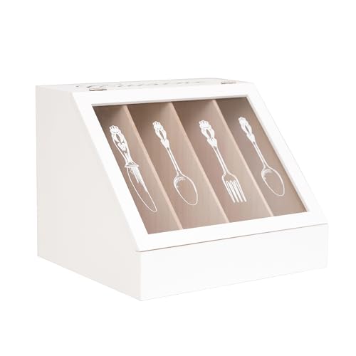 Bandeja para Cubiertos con Tapa Cuisine 4 Compartimentos Caja de Almacenamiento Cubiertos Besteckkiste Soporte Cubertería,la Cuchillería Besteckbehälter Almacenamiento Cocina,Madera Cuchara,Cuchillas
