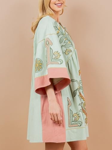 Image of Joiemont Womens Oversized Embroidered Dress with V-Neck and 3 /4 Sleeves Vintage Embroidery Babydoll Dress