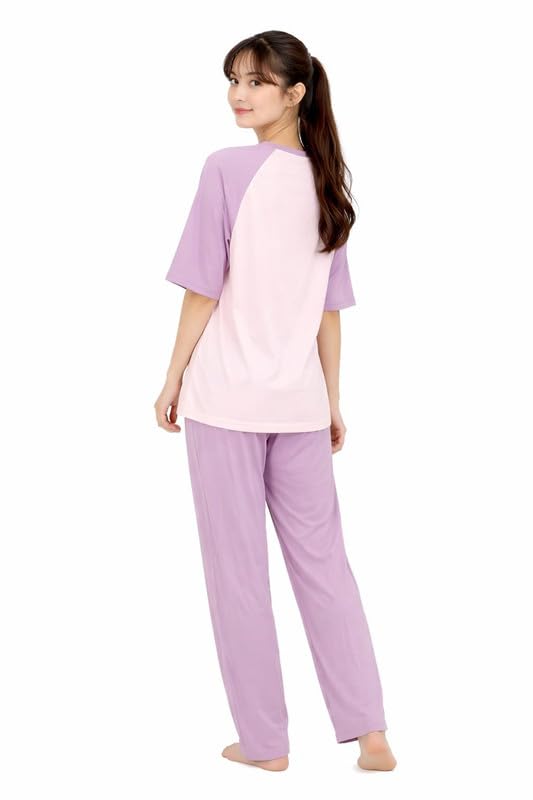 Image of Women's Pajama Set, Soft Breathable Korean Style Nightsuit with Top & Full Pants, Lightweight Loose Fit Nightwear & Loungewear for Girls & Women.