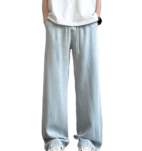 Men’S Wide Leg Jeans Mid Waist Loose Fit Straight Pants Casual Drawstring Closure Stonewashed Jeans