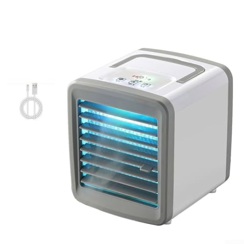 Mini aire acondicionado, ventilador de escritorio pequeño, enfriador de ventilador USB y humidificador, 2 velocidades de viento, modos de pulverización, enfriador de aire evaporativo con luz LED para