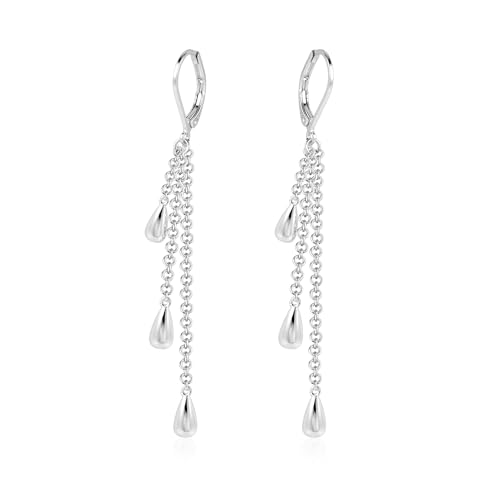 Image of Silver Water Drop Earrings for Women, ASH'S CHOICE 925 Sterling Silver Waterdrop Teardrop Dangle Hoop Earrings, Small Sterling Silver French Huggies Hoop Earring with Long Drop Tassel Chain Earrings