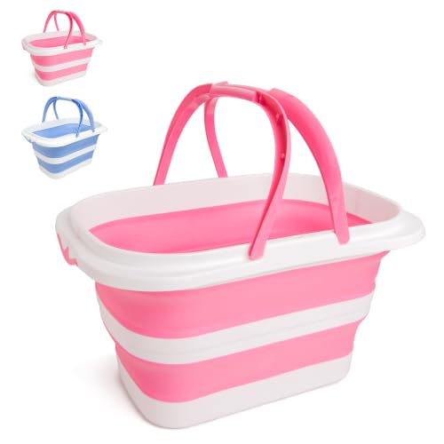 OOOFLOWER Collapsible Mop Bucket 4.2 Gallon(16L) Space-Saving Foldable Cleaning Bucket with Handle & Hanging Hole for Home Swimming Pool Camping Car Wash & Outdoor (Pink White)