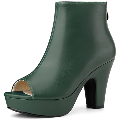 Allegra K Allegra K Peep Toe Ankle Boots for Women Back Zip Chunky Heel Platform Dark Green Boots 7 M US