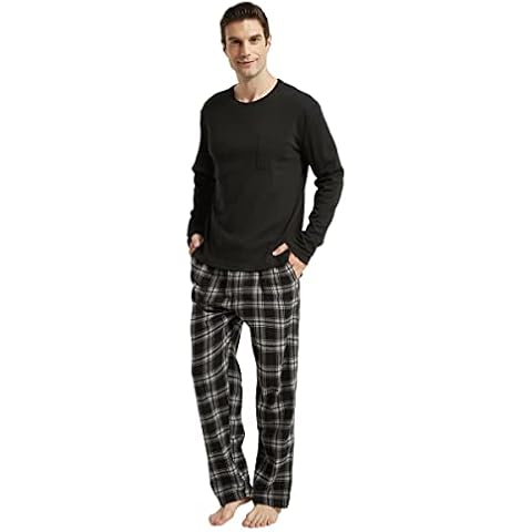 amaxer Men's 100% Cotton Pajama Set Flannel Plaid Pants Crew Neck Top Long Sleeves Pjs Elastic High Waist Sleepwear-L Cover