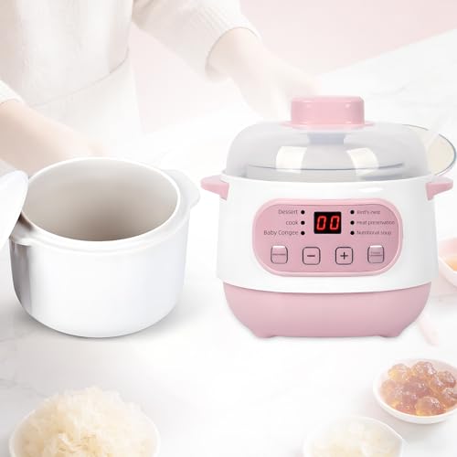 Pink 1L Ceramic Slow Cooker with Steamer Basket, 200W Mini Electric Stew Pot, 24-Hour Delayed Start & Auto Keep-Warm, Household Kitchen Safety Dry-Burn Protection Porridge & Soup Pot