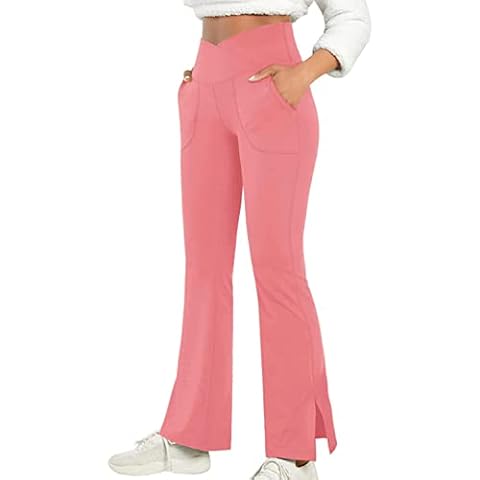 TZLDN Flare Yoga Pants for Women Bootcut Black High Waisted Leggings Stretchy Split Hem Casual Workout Trousers #1Crossover -Pink, S Cover