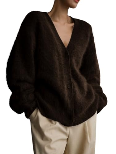 Image of chouyatou Women Furry Open Front Cardigan V-Neck Loose Casual Fluffy Knit Button Down Sweater Coat