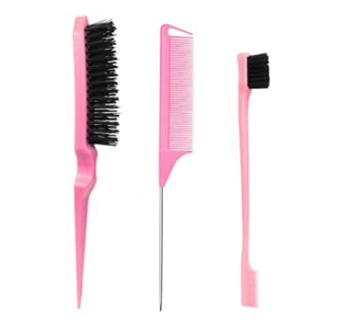 Xiangwenlan Pink Hair Brush Set - 3 Pcs, Slick Back, Rat Tail, Teasing Comb for Kids and Baby Hair Smoothing