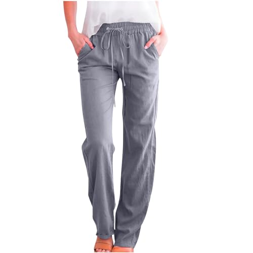 Image of Linen Pants Women High Waisted Drawstring Casual Pant Cotton Linen Straight Leg Lounge Trousers with Side Pockets