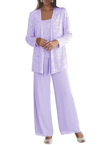 3 Pieces Mother of The Bride Pant Suits with Jacket for Wedding Lace Formal Dressy Outfits KW014 Lilac