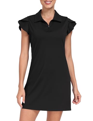MoFiz Womens Zip Up Tennis Golf Dress with Floral Ruffle Sleeve Athletic Exercise Sports Wear Dresses with Pocket2